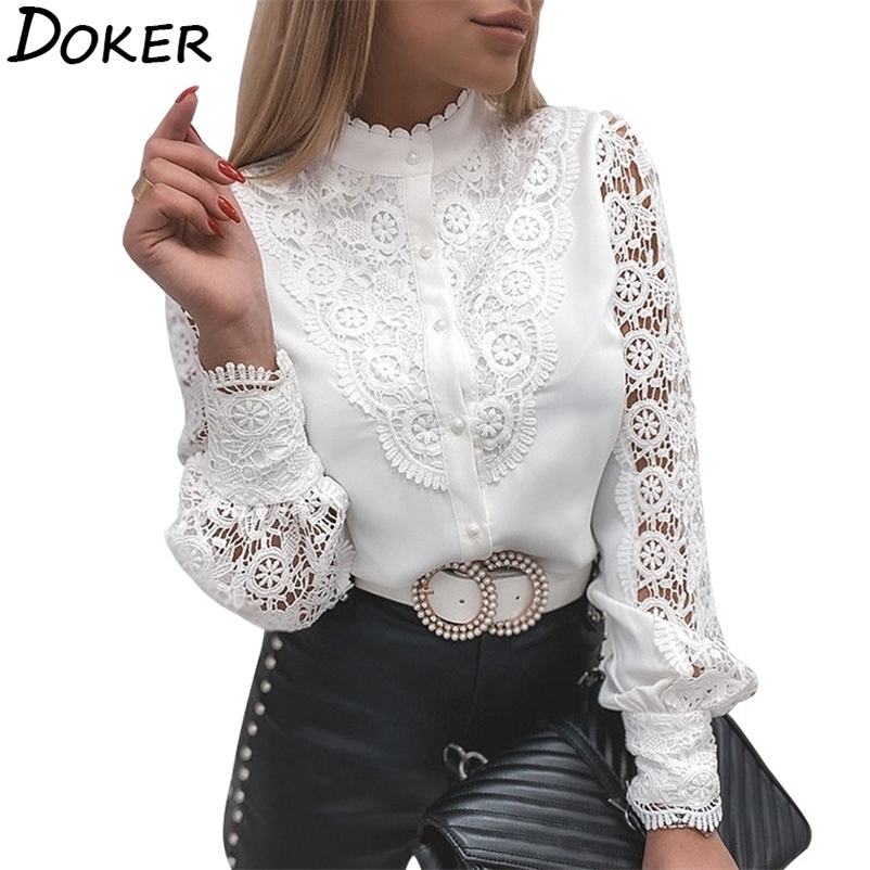 

Office Blouse For Women Clothes Spring Fashion Lace Patchwork Long Sleeve Elegant Plus Size Shirts Ladies Tops And Blouses 210604, Stand collar