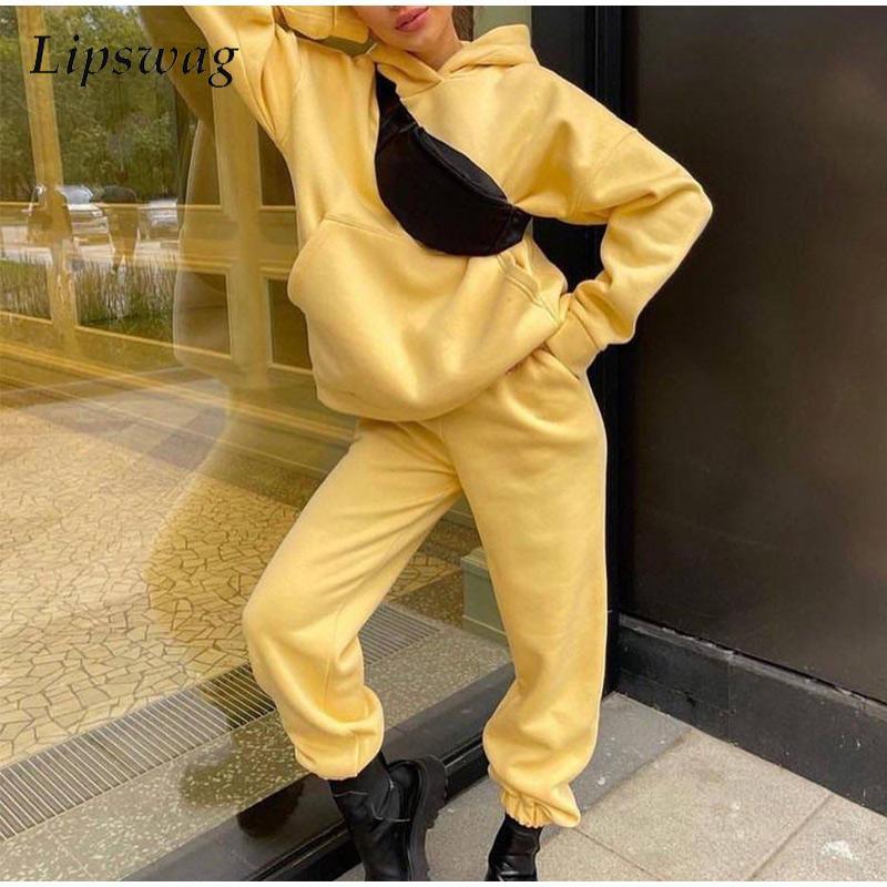 

Women's Two Piece Pants Autumn Pocket Hooded Sweatshirt Pullover & Elastic Waist Outfits Winter Solid Tracksuits Women Casual Sportswear Sui, White