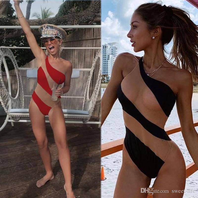 

2020 Sexy Illusion Women Summer Swimwear One Shoulder Jumpsuits Sleeveless Clothing Party Wear Bathing Suits Casual Apparel One Piece Bikini, Black;gray