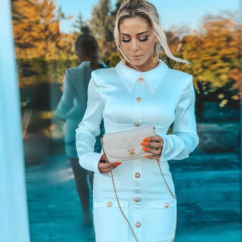 

2021 Women Sexy Solid Color Pocket Blazer Mini Patchwork Front Button Shoulder Pad Fashion Elegant Office Lady New Autumn Ovvh, White