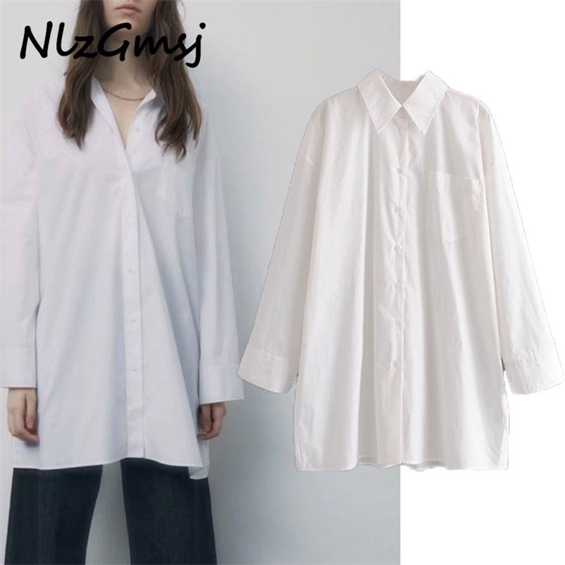 

Blouse Women White Shirts Cotton Long Sleeve Pockets Oversized Elegant Workwear Spring Tops 210628, As picture