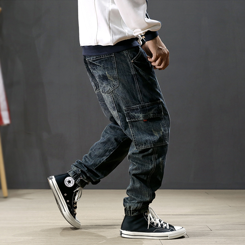 

2021 New Japanese Designer Fashion Vintage Ripped Harem Men Cargo Pants Retro Blue Loose Fit Hip Hop Joggers Jeans Homme 55wc