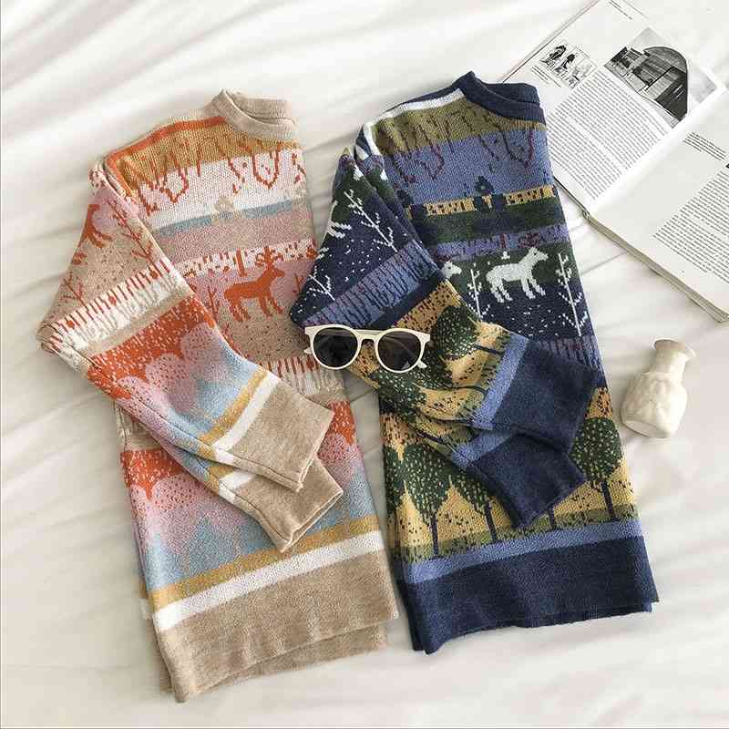 

Women Vintage Oversize Sweater Autumn Winter Long Sleeve Kawaii Cartoons Harajuku Knitted Sweater's Pullover 210602, Blue