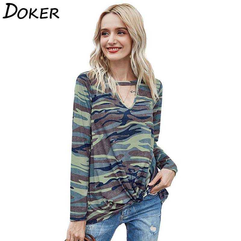 

Autumn Long Sleeve T Shirt Women Clothes Camouflage Print V-neck Fashion Plus Size Loose T-shirt Tops Casual Tee Femme 210603, Blue