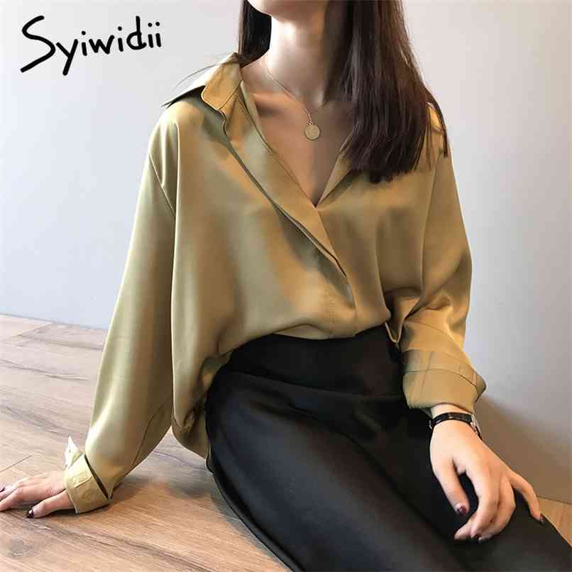 

Satin Blouse Plus Size Clothing For Women Vintage Long Sleeve Shirts Korean Fashion Tops Acetate Spring Summer 210607, Army green