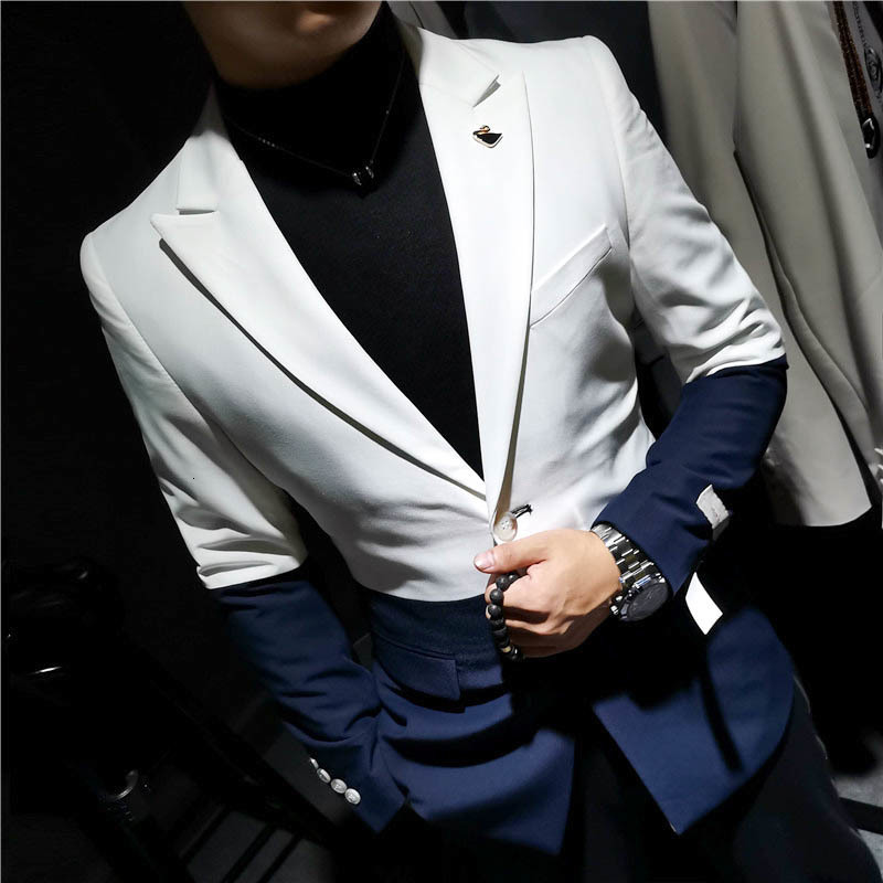 

2021 New Trendy White Black Stitching Color Sigle Breasted Slim Fit Men Suit Jacket Party Club Mens Stylishing Blazer W5xm, Black gree