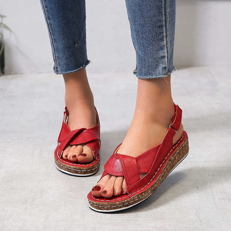 

Women Sandals Summer Female Shoes Woman Peep-toe Wedge Comfortable Flat Plus Size 43 Y0721, Red