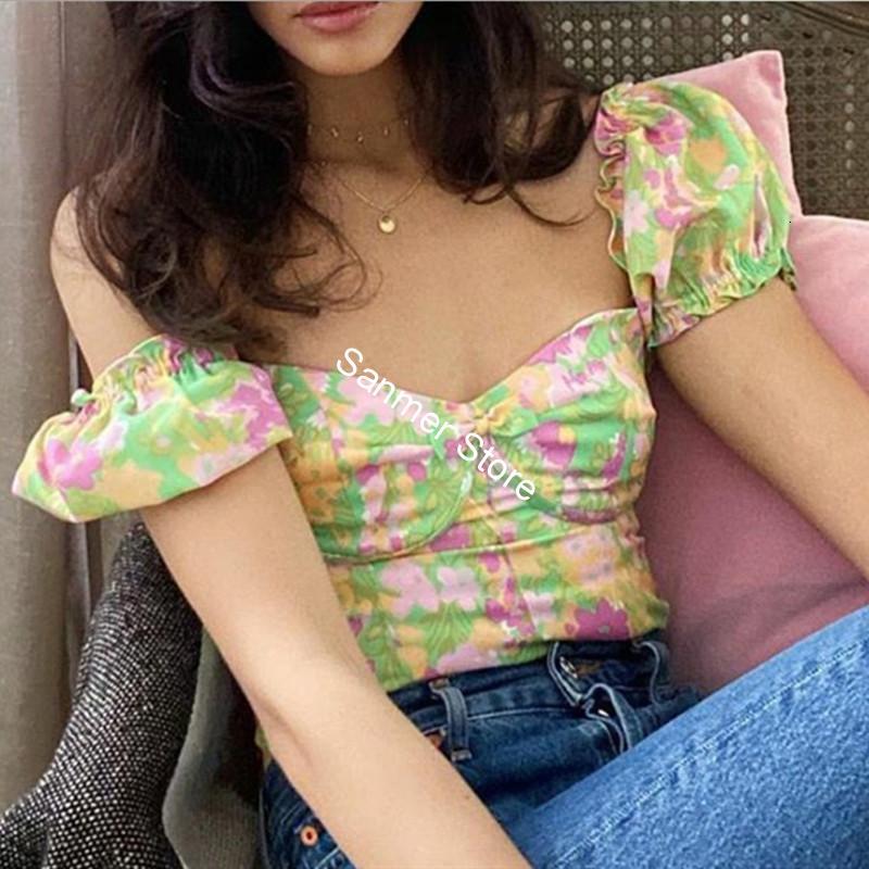 

2021 New Impresso Feminina Blusa Curta Floral Manga Gola Quadrada Sem Encosto Arco Prairie Chique Vero Nova Senhora Camisa Topos Cwqx, Black