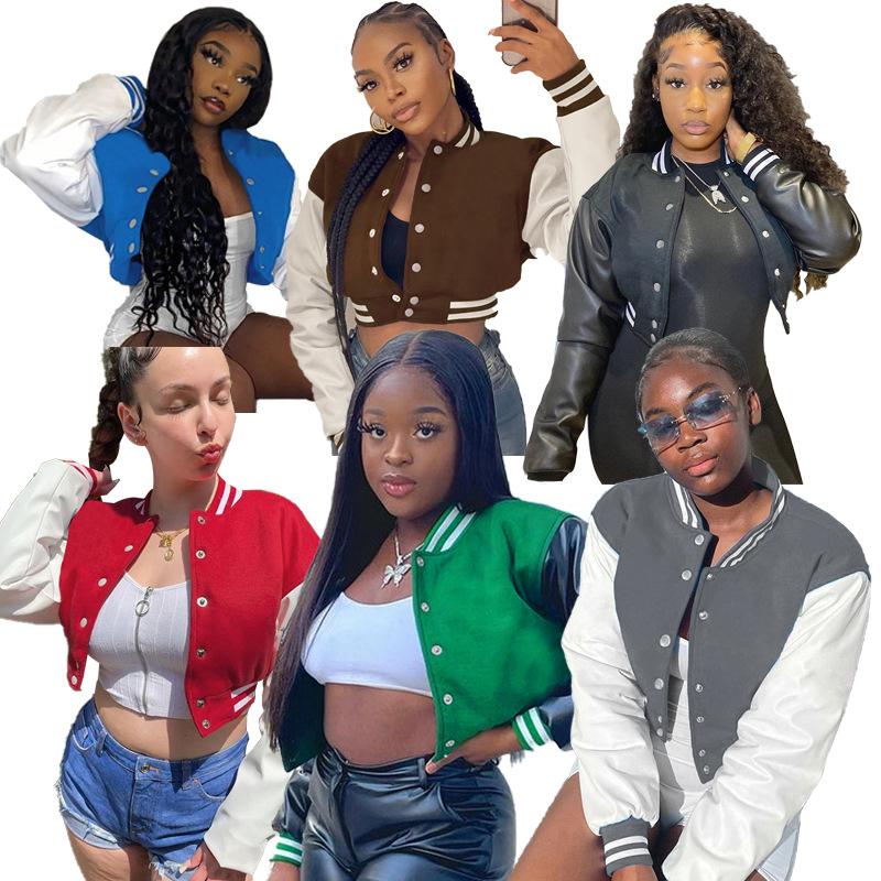 

Women' Jackets Women Varsity Jacket Long Sleeve Cropped Baseball Bomber Coats, As pic 1