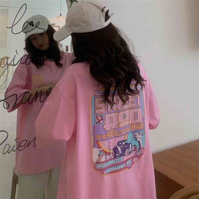 

Casual Loose Oversized T Shirt Women Cartoon Printed Three Quarter Sleeve Tee Female Pink White Orange Streetwear T-shirts 210708, 14