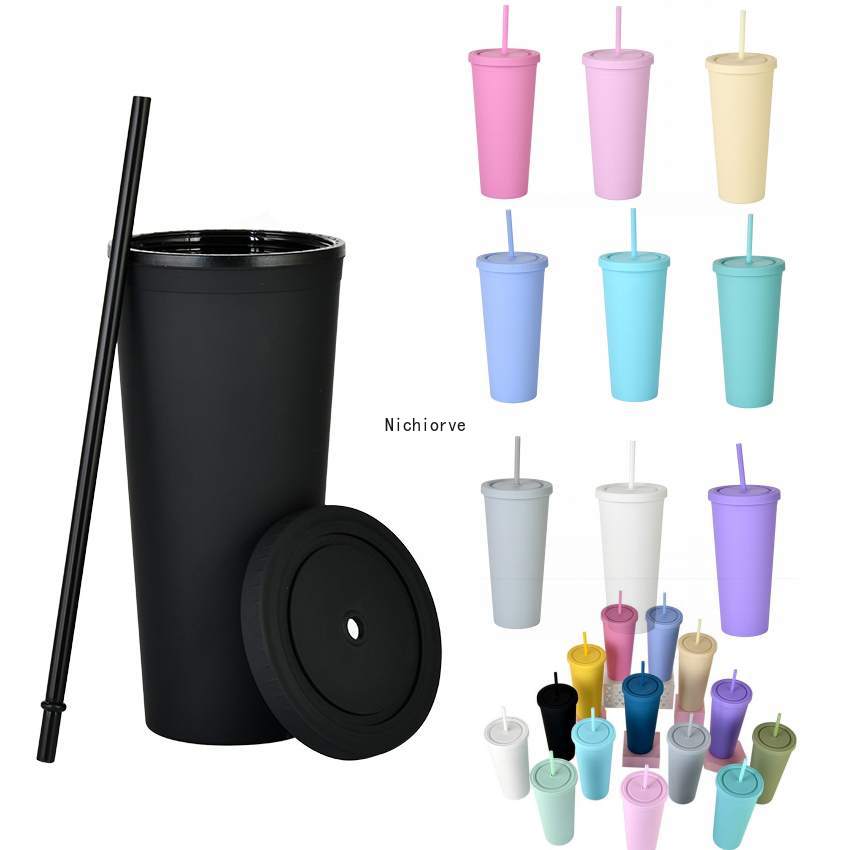

22OZ TUMBLERS Matte Colored Acrylic Tumblers with Lids and Straws Double Wall Plastic Resuable Cup Bottles FY4489, 3pcs/lot=1tumbler+1straw+1lid