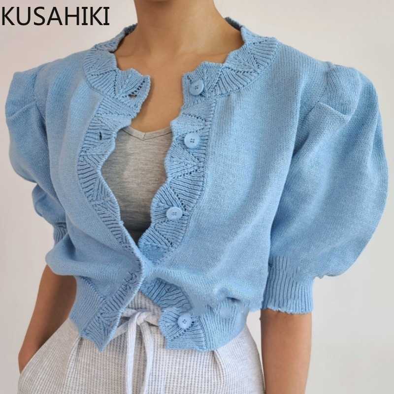 

KUSAHIKI Cropped Cardigan Chic Puff Sleeve Single Breasted Women Knitted Coat Korean Slim Elegant Sweater Jacket 6G988 210602, Blue