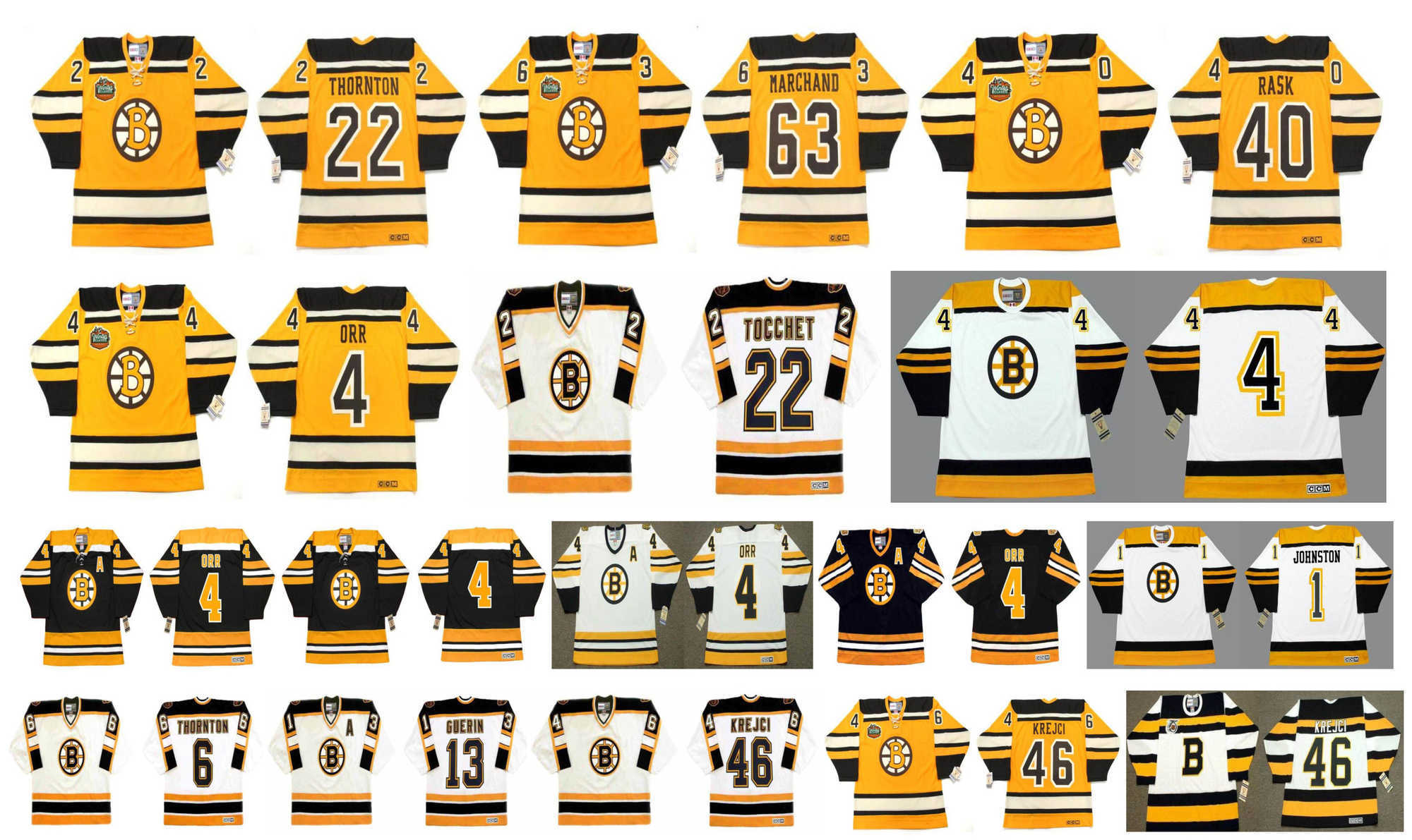 

Vintage Boston Bruins Jersey 4 BOBBY ORR 63 Brad Marchand 40 Tuukka Rask 22 RICK TOCCHET 22 Shawn Thornton 1 EDDIE JOHNSTON CCM Retro Hockey, Black