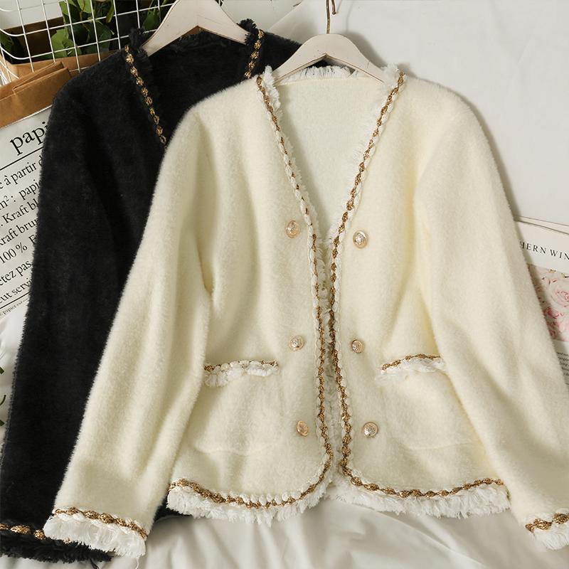 

Women's Jackets Autumn Elegant Retro V Neck White Double-breasted Tassel Cardigan Jacket Korean Long Sleeve Black Sweater Knit Clothes Pull, Black;brown