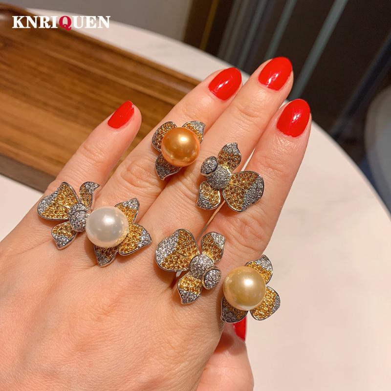 

Cluster Rings 2021 Arrival 925 Sterling Silver 12mm Pearl Lab Diamond Adjustable Open Flower Ring For Women Charms Party Fine Jewelry Gift, Golden;silver