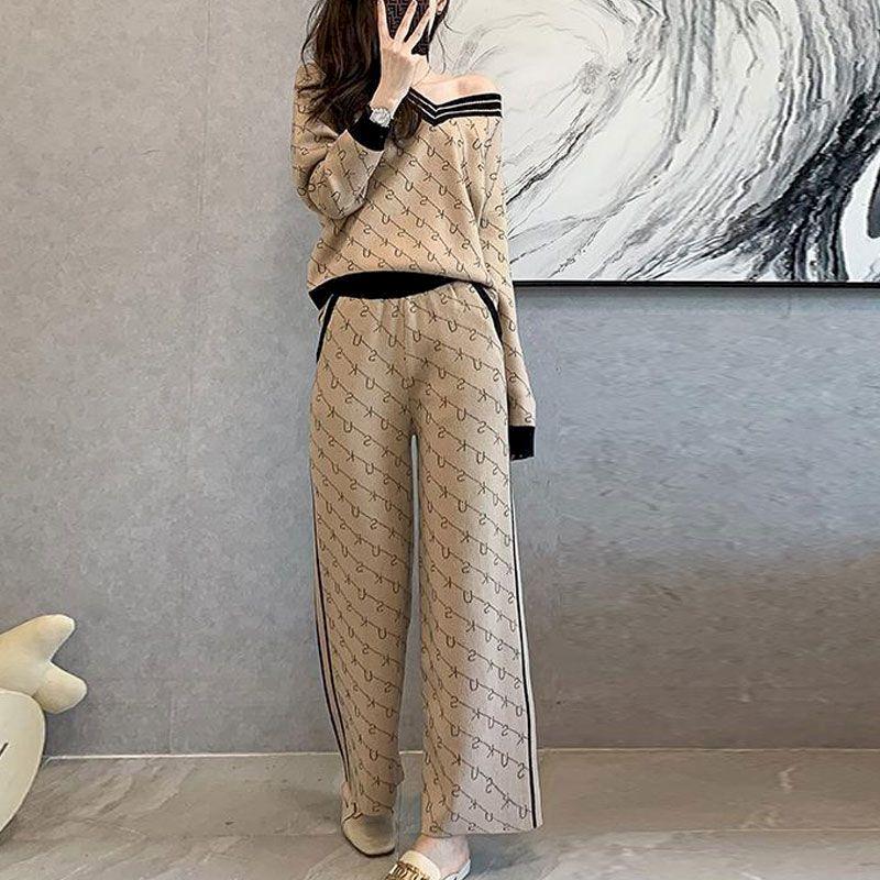 

Women' Hoodies & Sweatshirts Pullover Suits Women Casual All-match Sets 2021 Springautumn Letter V-neck Blouse And Wide Leg Pants Fashion T, Khaki top and pants