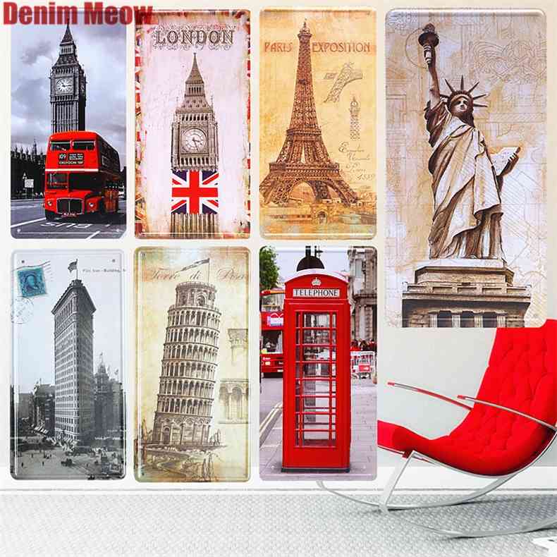 

15*30cm Leaning Tower of Pisa Vintage Car License Bar Cafe Decorative Plates London Bus Poster Statue Of Liberty Tin Sign