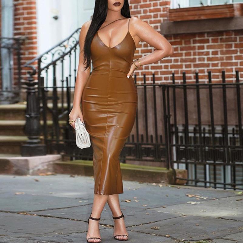 

Fashion Sleeveless PU Leather Dress Split Bodycon Sexy Night Club Party Midi Women Vestidos, Brown