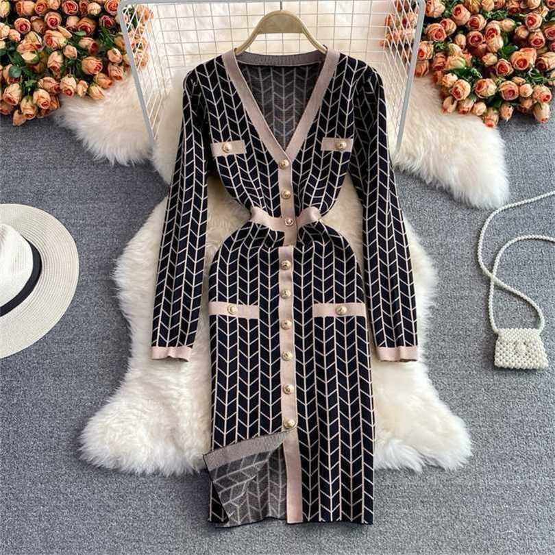 

Small Fragrance Long Sleeve Knitted Sweater Dres Plaid Sexy Sheath Bodycon Vintage Autumn Winter Fashion Robe Femme 211109, Khaki