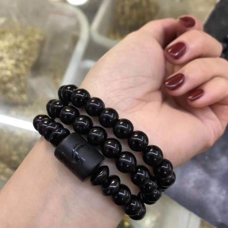 

Beaded, Strands Yoga Jewelry 6/8/10MM Natural Black Obsidian Bracelet Carved Buddha Lucky Amulet Round Beads Strand For Women Men