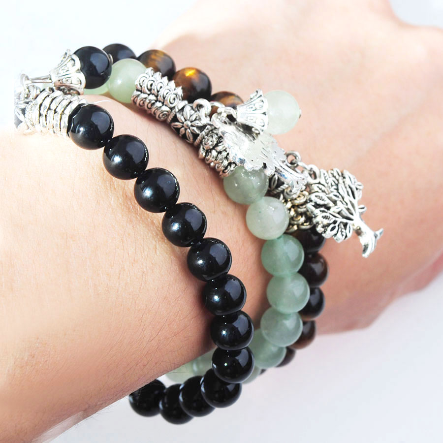WOJIAER Natural Stone Rose Quartz Amethyst Beaded Strands Bracelets Tree of Life Mala Round Beads Reiki Bangles Fashion Men Women Jewelry BK324-image-776495637