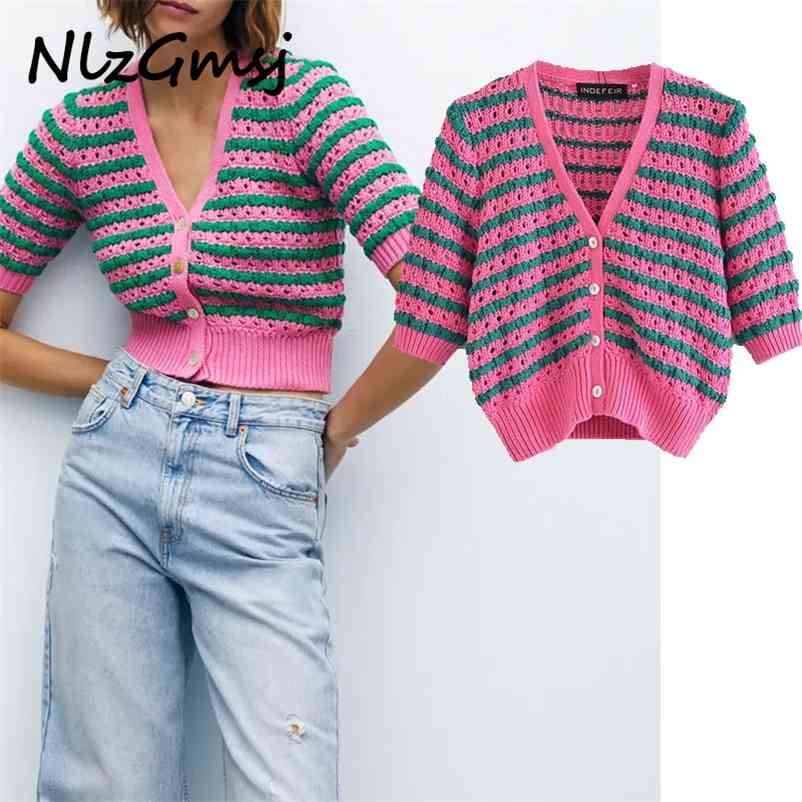 

Cardigan Woman Sweaters Spring Summer Chic Knitted Front Buttons Tops Short Sleeve Jacket 03 210628, As picture