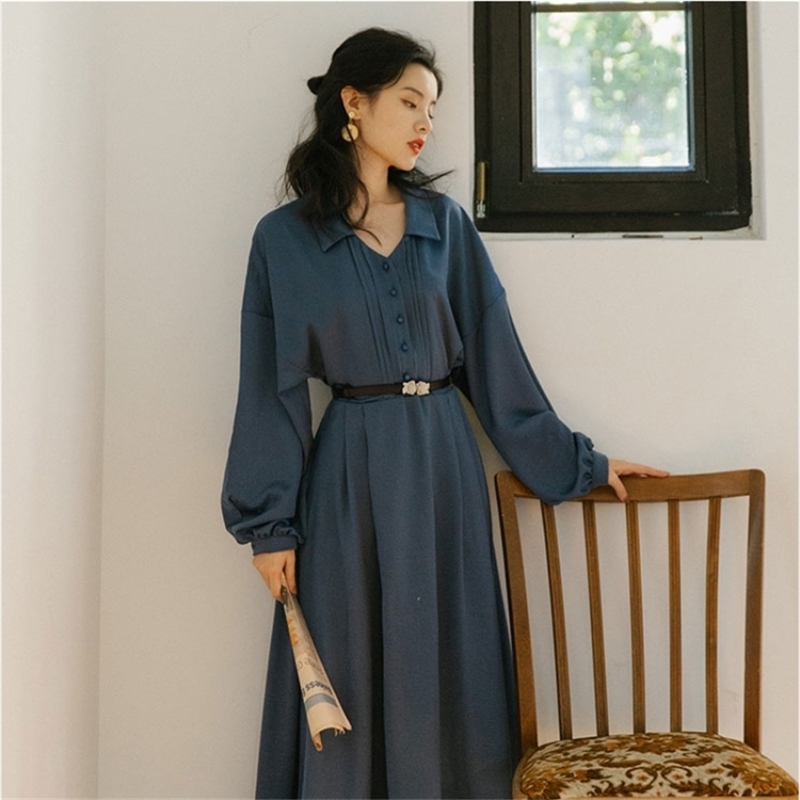 

Spring Long Women Dress Loose Lantern Sleeve Female Vestidos De Fiesta Blue Chiffon Vintage Midi Dresses 210603