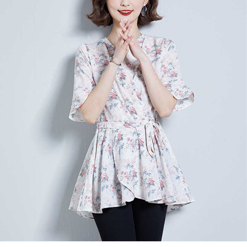 

Korean Womens Shirt Chiffon Blouses for Women Short Sleeve Female Tops Oversize V-neck Blouse Print Top Woman Basic s 210604, White