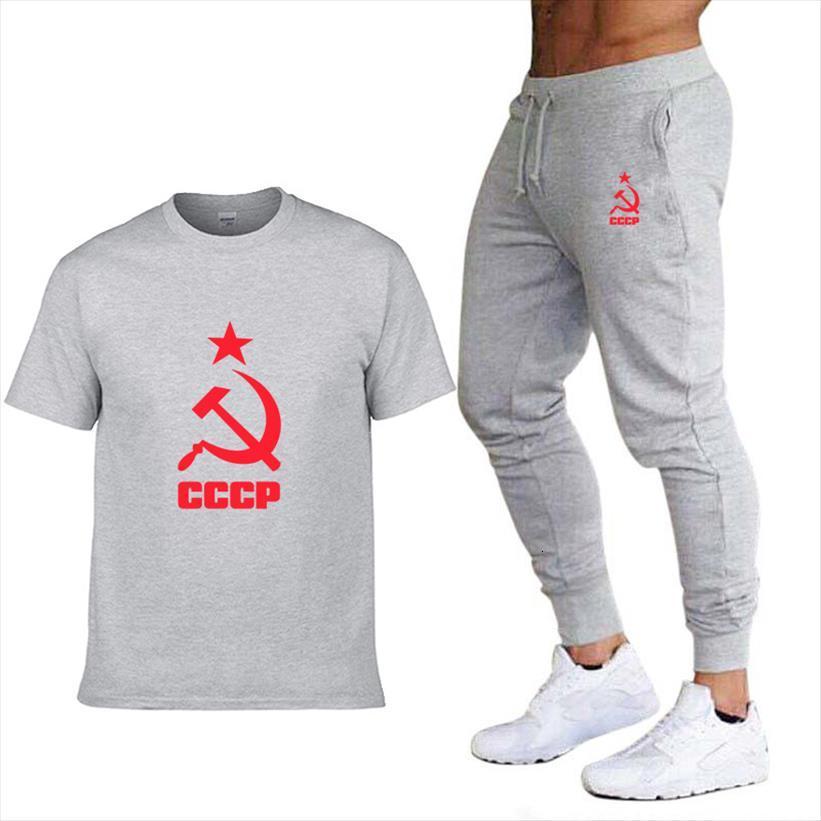 

summer t shirt cccp men tracksuits russian ussr soviet union print solid color short sleeve suits pants suit 2pc, Gray