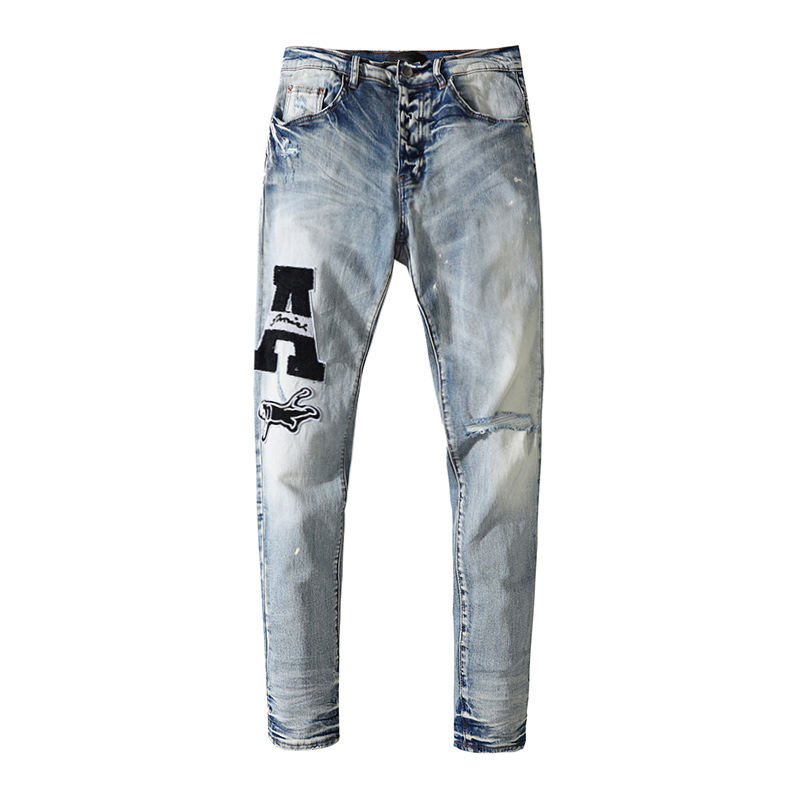 

Mens Ripped Jeans Youth Summer Patch A-letter Dog Pattern Embroidery Distressed Trousers Hip-hop Retro Denim Washed Vintage Pencil Pants, Light blue