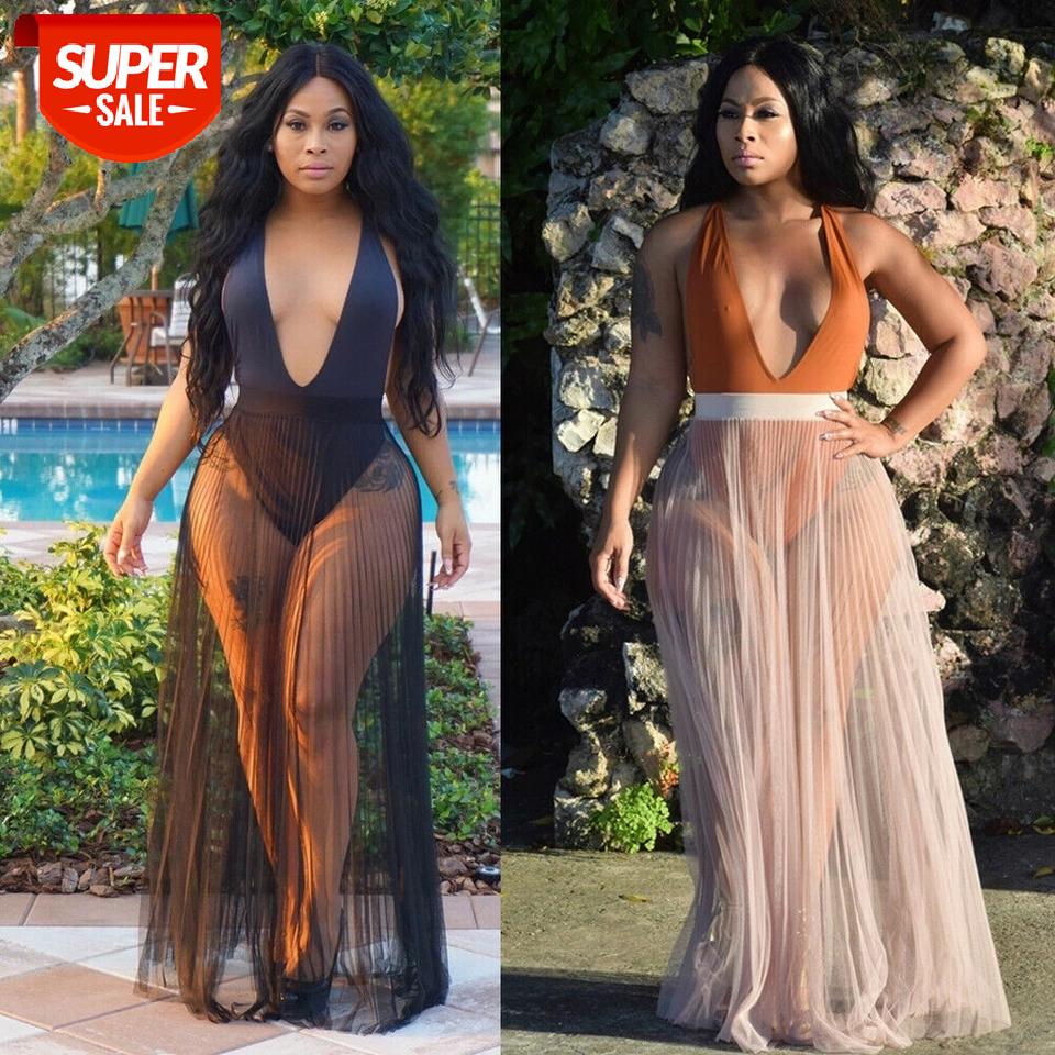 

2019 Summer Sexy Women Mesh Fishnet Bikini Cover Up Swimwear Beach Wrap Skirts Sarong Pareo High Waist Female Transparent Skirts #8g55, White;black