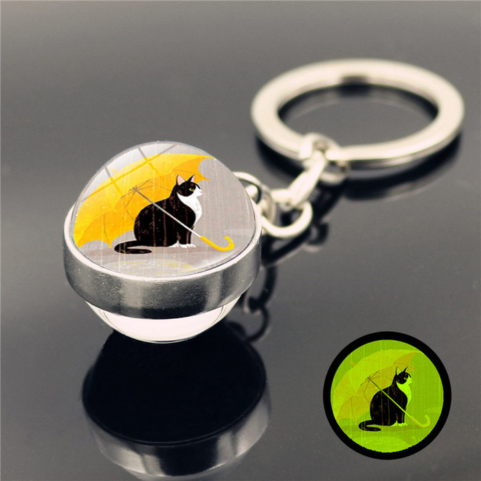 

Cat Glass Ball Key ring Glow In The Dark Keychain Pendants Holders Bag Hangs Fashion Jewelry gift Will and Sandy, Slivery;golden