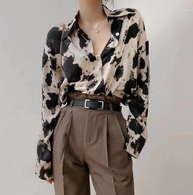 

Women' Blouses & Shirts Fashion Cow Print Single-Breasted Women Long Sleeve Blouse Korean Spring Female Clothes Streetwear Tops Plus Size 4, Black