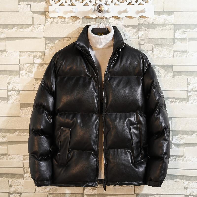 

Men's Down & Parkas Style Autumn Winter Leather Parka Cotton-Padded Jacket Fashion Loose Stand Collar Coat PU Cotton Jackets, Black