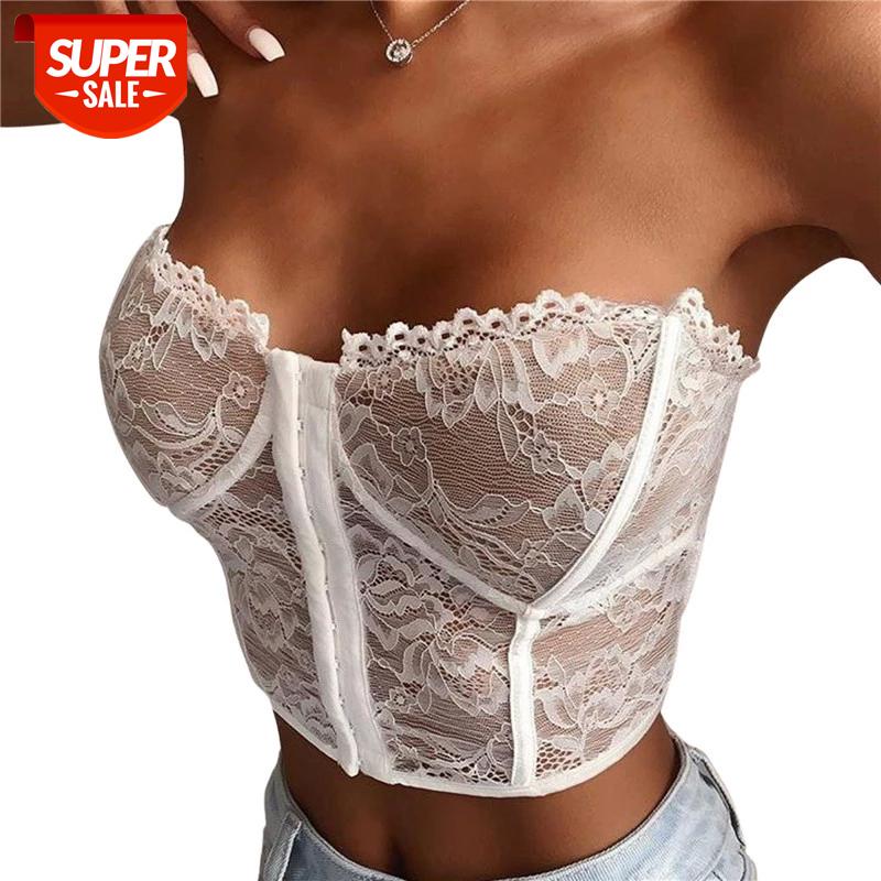 

HIRIGIN 2021 Women Sexy Off Shoulder Crop Tops Solid Buttons Down Bodycon See-through Lace Hem Backless Tube Crop Tops Plus Size #DN34, White