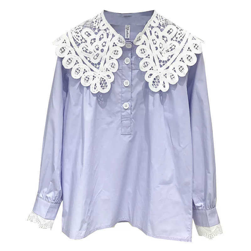 

Korea Japan Style Solid Girls Tops Lolita Shirt Spring Runway Sweet Fresh Peter Pan Collar Long Sleeve White Women Blouse DF2337 210609, Blue