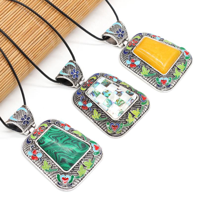 

Pendant Necklaces Natural Stone Necklace Exquisite Lapis Lazuli Malachite Abalone Shell Charms Long Wax Rope For Jewelry Gift