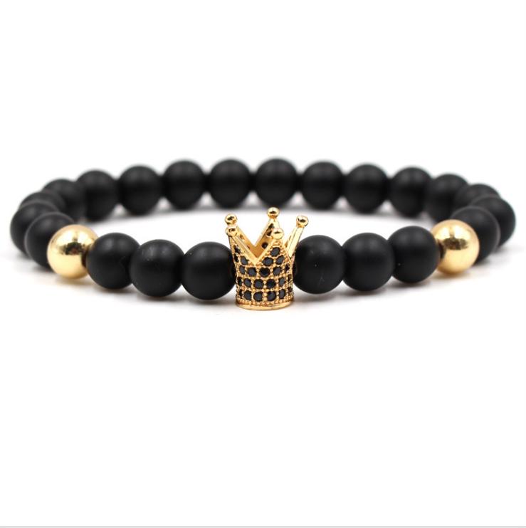 

Charm Bracelets 8mm Fashion Natural Black Stone Beads Zirconia Crown Men And Women Gold Jewelry Elastic Bracelet