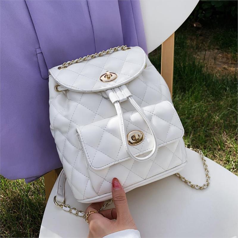 

School Backpacks 2021 New High-quality PU Leather Women's Designer Chain Shoulder bag High capacity Travel Books Rucksack, Beige