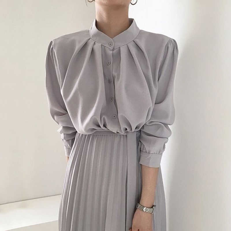 

Korean Style Women Dress Autumn Temperament Ladies Stand Collar Lace Long Sleeve Pleated Clothing 210615, Gray