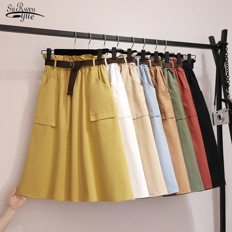 

Summer Korean Style Belt Midi Knee Length Skirts Womens Elegant High Waist Skirt Female Solid Cotton Skirt Faldas 9900 210518, Black