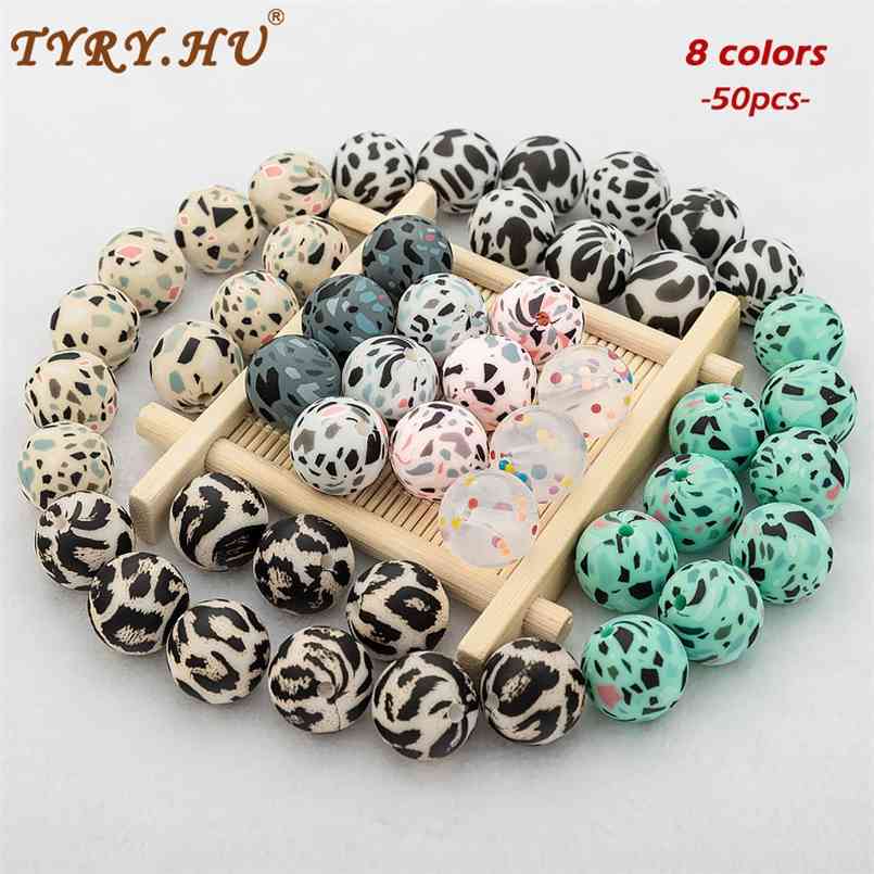 

50Pcs Silicone Beads Leopard Print 12/15mm Baby Teether Teething Terrazzo DIY Jewelry A Free Pacifier Clip Making 210909