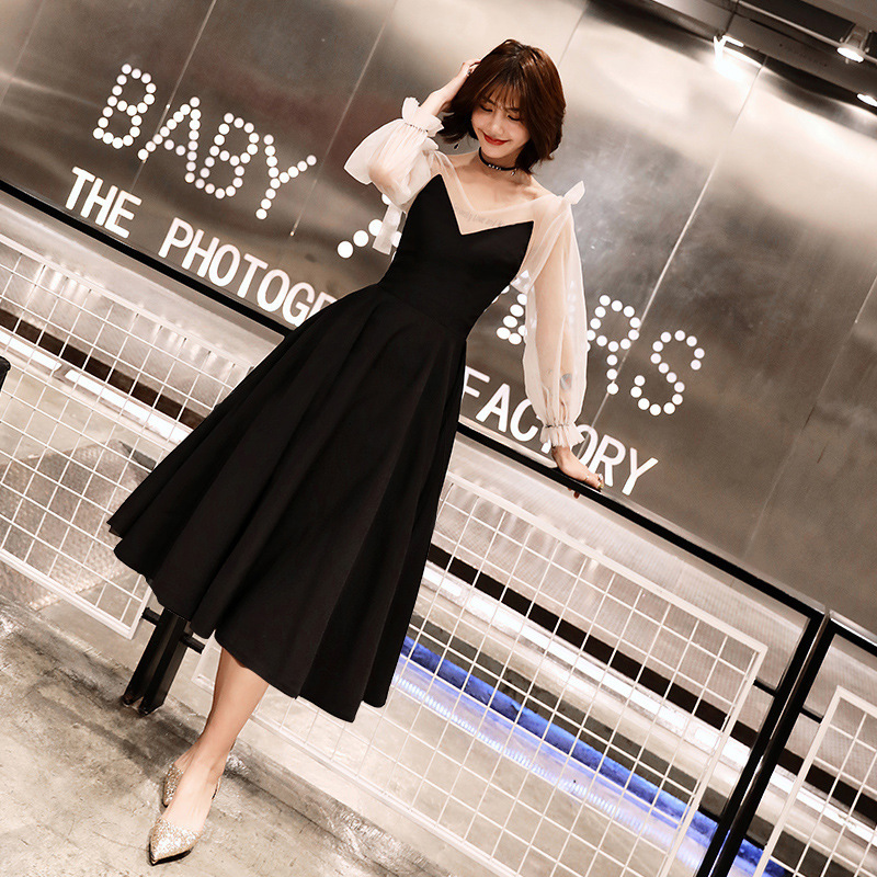

Women Sweet Bow Trim Evening Party Dress Elegant V-neck Exquisite Banquet Gown Black Vintage Pleated Dresses Eavm, Black-short