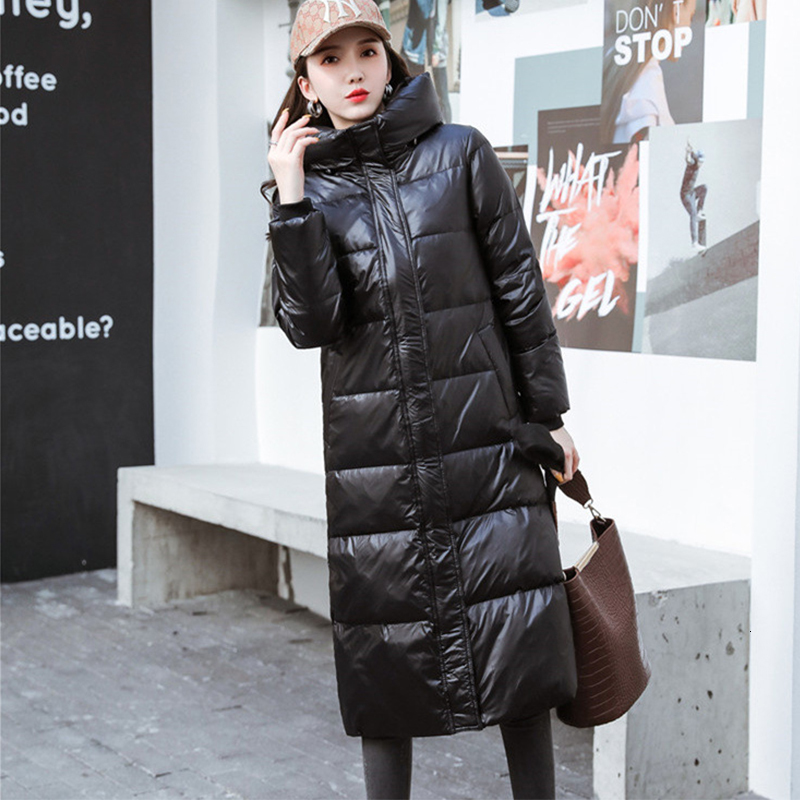 

2021 New Winter Women Hooded Long Down Coat Casual Female Solid Color Thick Warm Black Parka Loose Fit Windproof Outwear 3m29