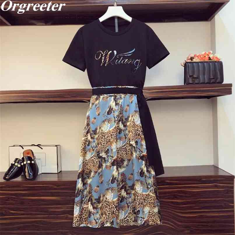 

Vintage Print Two piece set Women Summer Letter Embroidery Long Tshirt and Leopard print Lace up Skirt Suits 210602, Black