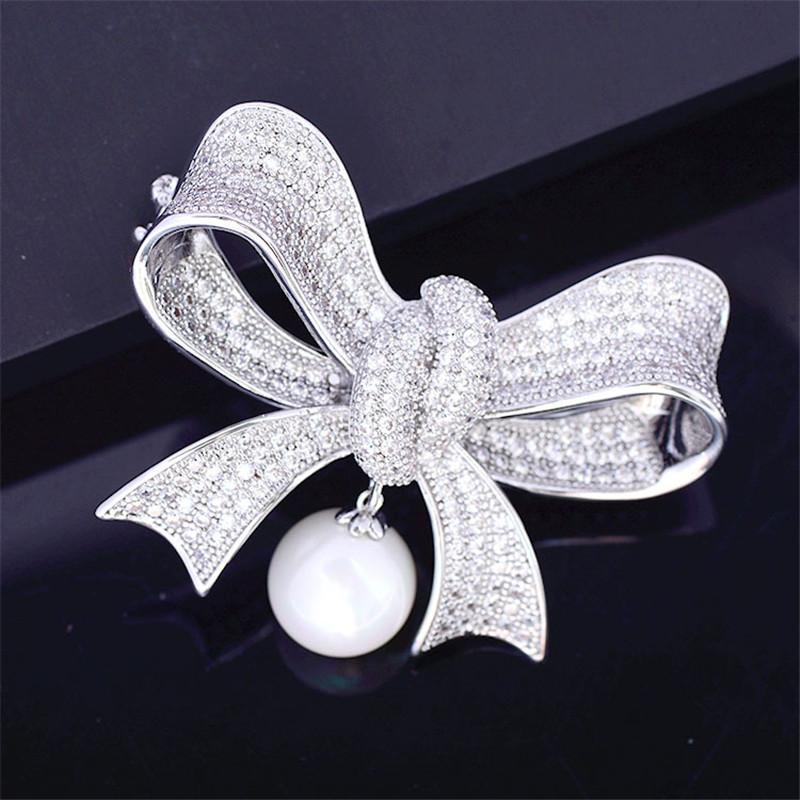 

Pins, Brooches Korea Fashion Bowknot Pins For Women Luxury Brooch Bouttoniere Brand Design Cubic Zirconia Rosette Corsage, Gray