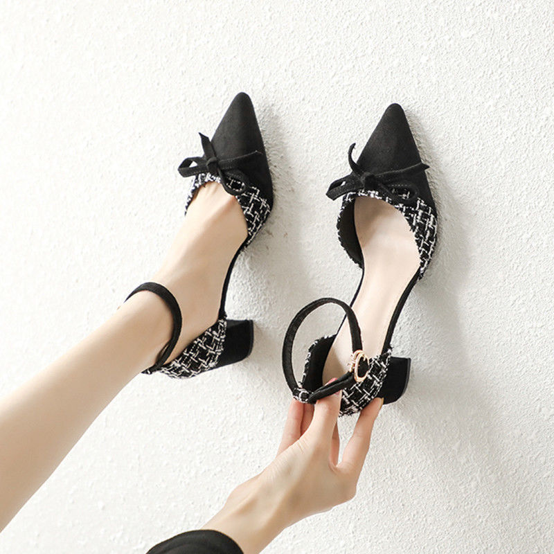 

2022 Women Spring ShoesSummer High Heels SandalsPointed Toe PumpsBowtie Ankle Buckle Strap FootwareBLACKBEIGEDropshipping, Black