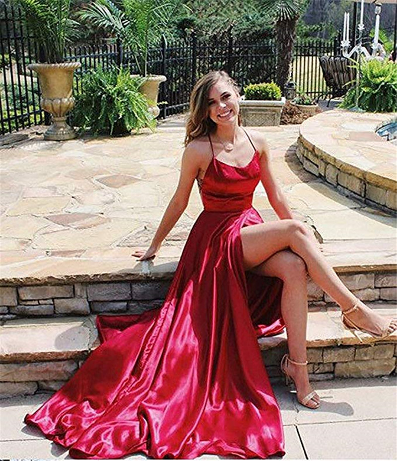 Red evening dress long luxury party gown Halter Neck Prom Dresses 2022 Sexy Backless Front Split Satin A-line Dress-image-751122491