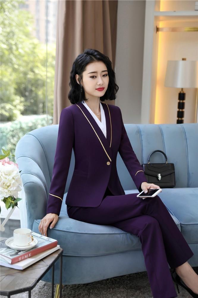 

Women' Suits & Blazers Formal Women Business Elegant Purple Uniform Designs Ladies Office Work Wear Professional OL Styles Beauty Salon, White blouse