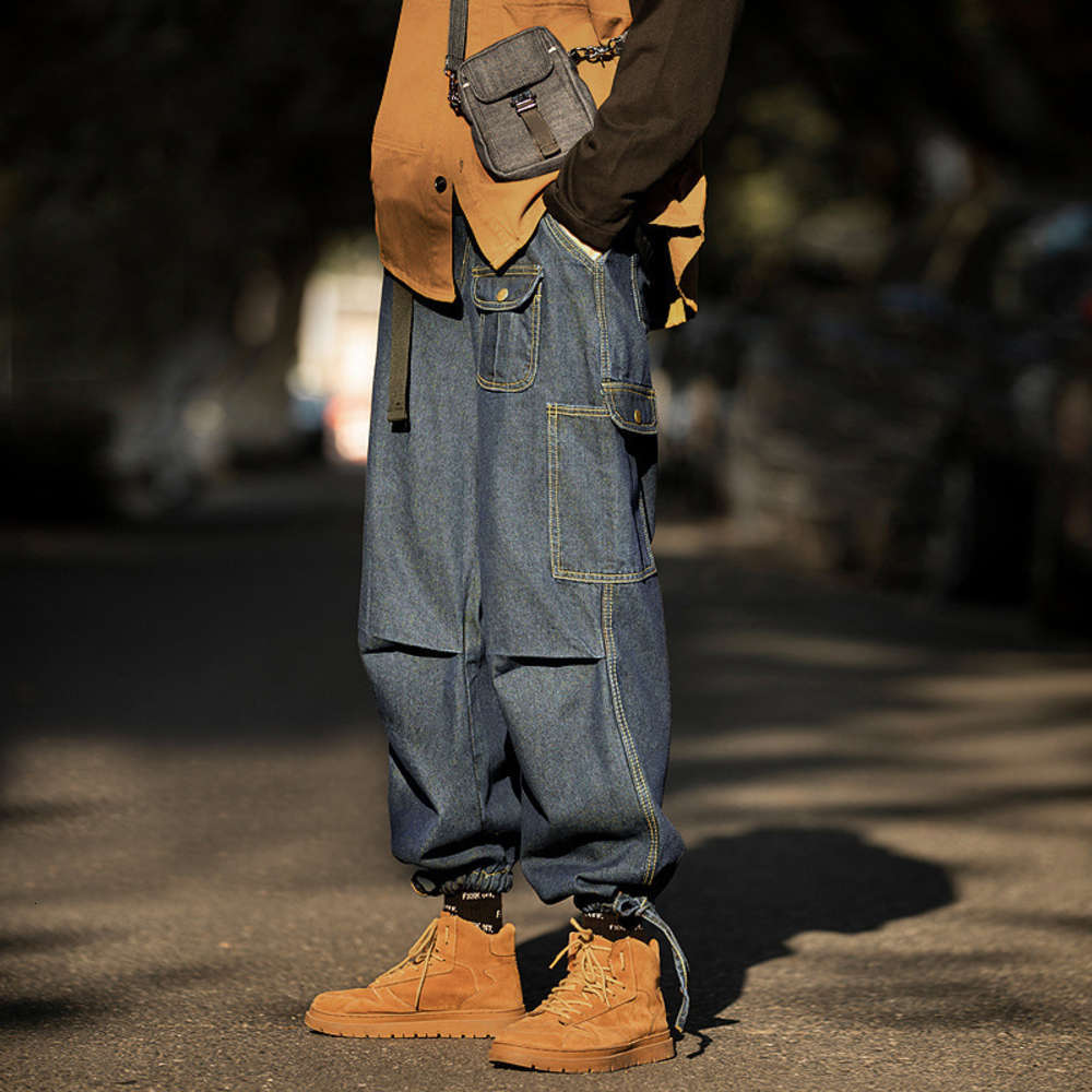 

Trendy men's loose fitting straight overalls hip hop wide leg corset jeans, Blue